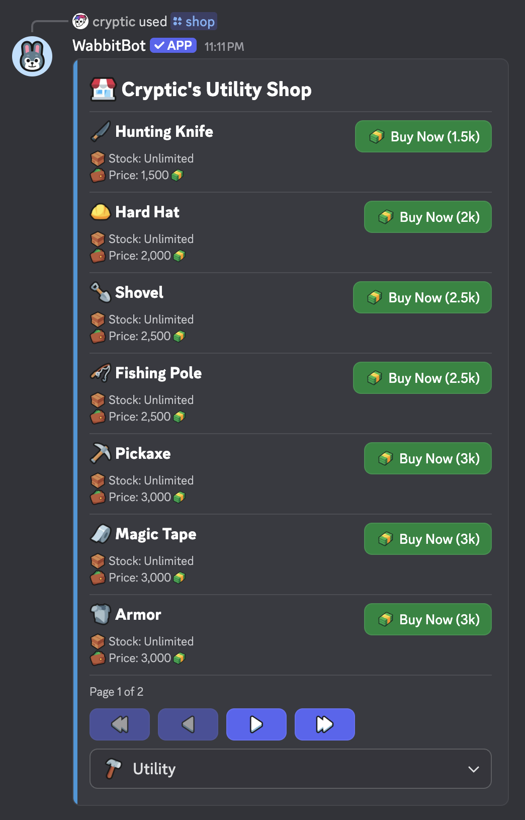 WabbitBot's shop, showing custom items members can buy